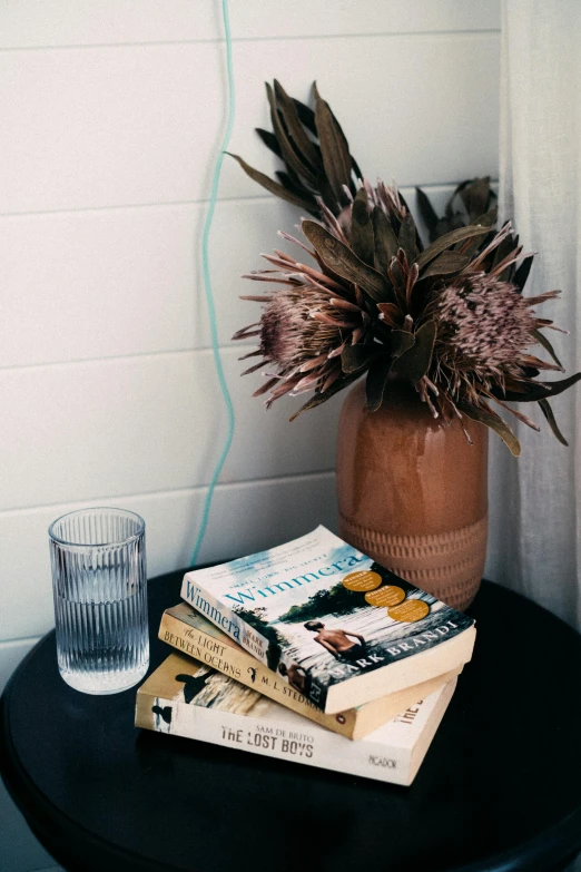 a black table topped with books and a vase filled with flowers, by Jessie Algie, soft ambient lighting, hay, slightly tanned, retro vibe