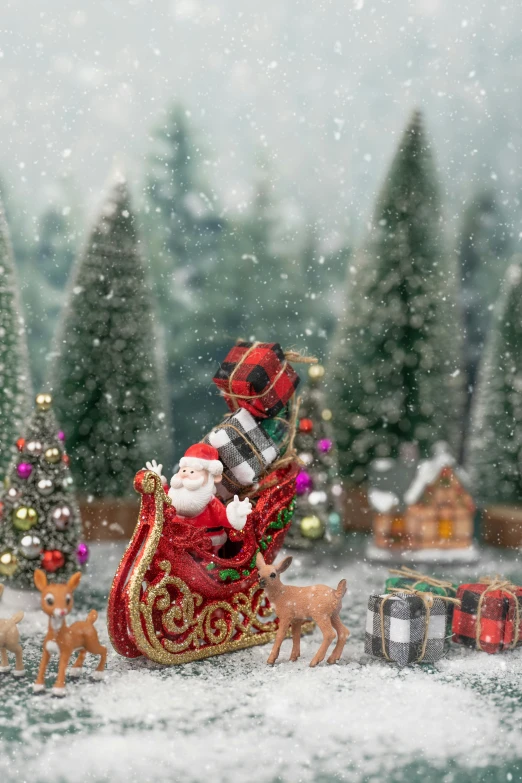 a santa clause sitting on a sleigh in the snow, a tilt shift photo, by Elaine Hamilton, shutterstock contest winner, folk art, model trees, indoor picture, candy decorations, soft