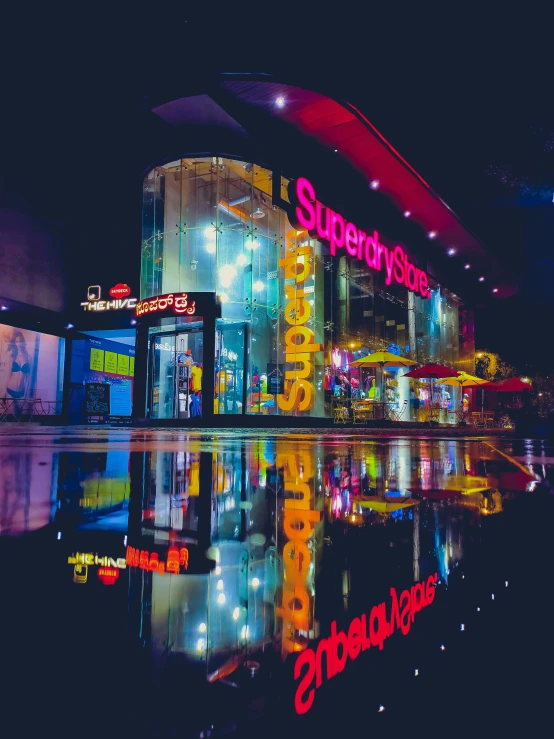 the reflection of a building in a puddle of water, a picture, unsplash contest winner, hyperrealism, colorful neon signs, in magnificent shopping mall, superhero, 💋 💄 👠 👗