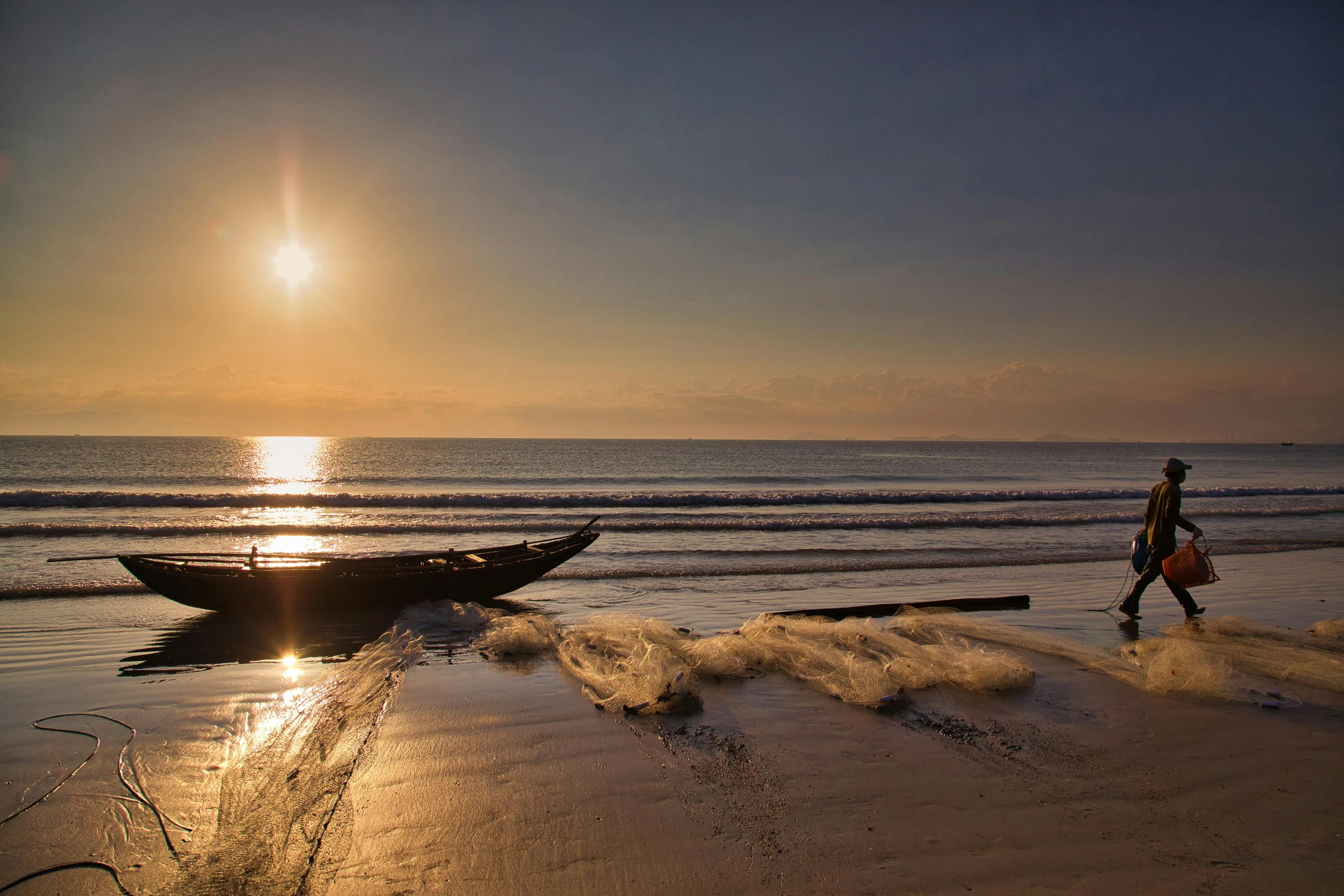 a person walking on a beach next to a boat, by Andries Stock, unsplash contest winner, bangladesh, sun rising, omaha beach, slide show