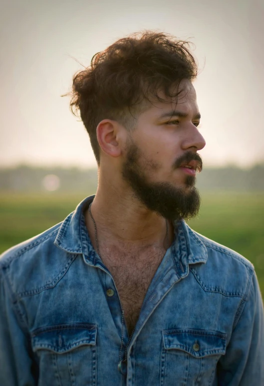a man with a beard standing in a field, an album cover, pexels contest winner, headshot profile picture, androgynous person, short goatee, nice afternoon lighting