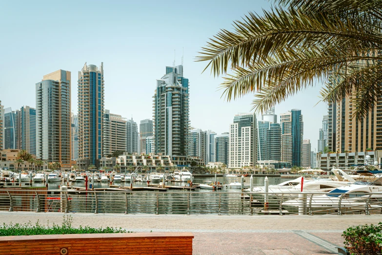 a bench sitting on top of a sidewalk next to a body of water, by Julia Pishtar, hurufiyya, gigantic skyscrapers, tanned ameera al taweel, with water and boats, zoomed out to show entire image