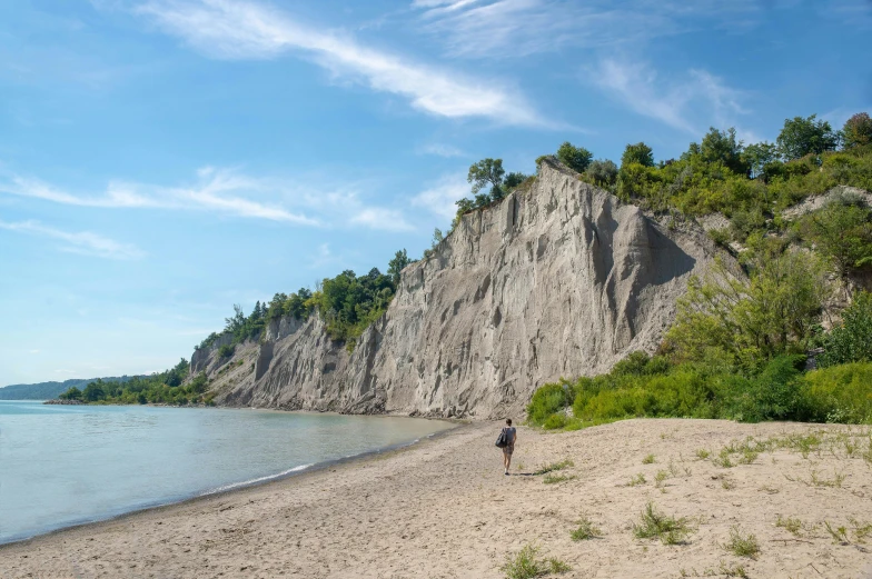 a person walking on a beach next to a cliff, toronto, chalk cliffs above, trees and cliffs, listing image