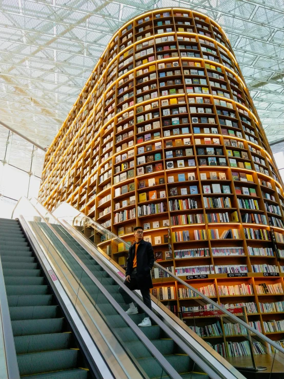 a person on an escalator in a library, by Zha Shibiao, happening, photo of genghis khan, spiral shelves full of books, 2 0 2 2 photo, conde nast traveler photo