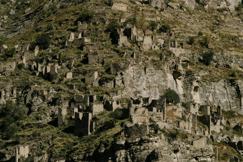 a herd of sheep standing on top of a lush green hillside, a detailed matte painting, unsplash contest winner, renaissance, crumbling buildings, markarth, zoomed out to show entire image, buildings carved out of stone