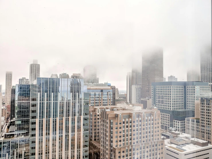a view of a city from a high rise building, pexels contest winner, hyperrealism, white fog, natural overcast lighting, gray sky, downtown