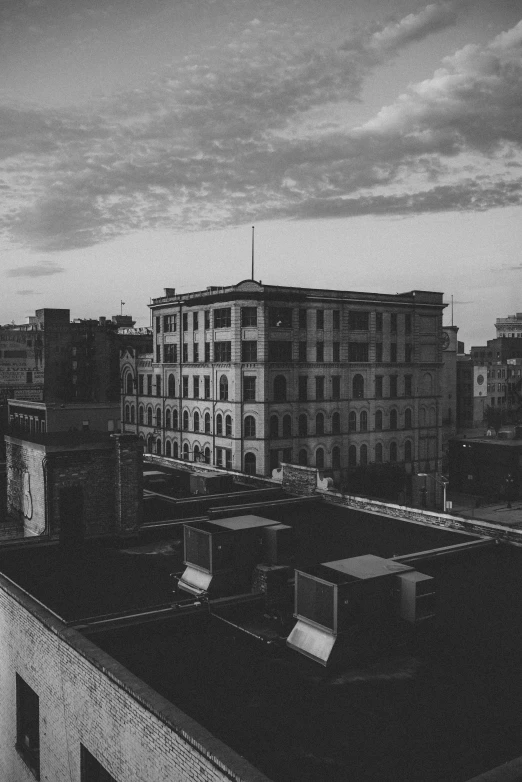 a black and white photo of a city, by Altichiero, rooftop, :: morning, old apartment, from 8 k matte