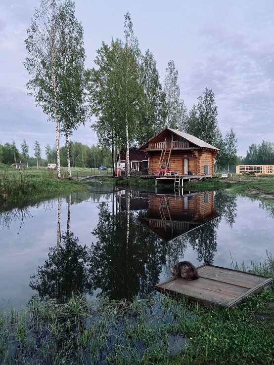 a house sitting on top of a lake next to a forest, a picture, inspired by Isaac Levitan, pexels contest winner, sauna, sitting at a pond, low quality photo, barn