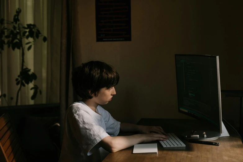 a boy sitting at a desk in front of a computer, by Carey Morris, pexels, paul barson, lachlan bailey, forward facing, ignant