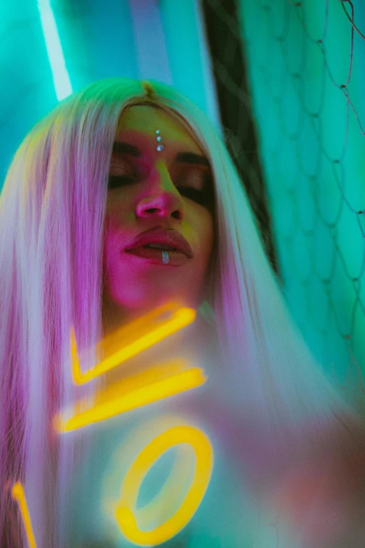 a woman with long white hair holding a neon sign, an album cover, inspired by Elsa Bleda, trending on pexels, holography, provocative indian, yellow aura, neon face tattoo, girl screamin yolo - aesthetic