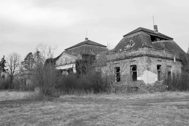 an old building sitting in the middle of a field, a black and white photo, pixabay, barbizon school, portrait image, apocalypse with vegetation, pov photo