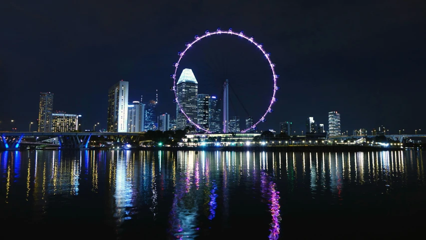 a large ferris wheel sitting in the middle of a body of water, a picture, the singapore skyline, avatar image