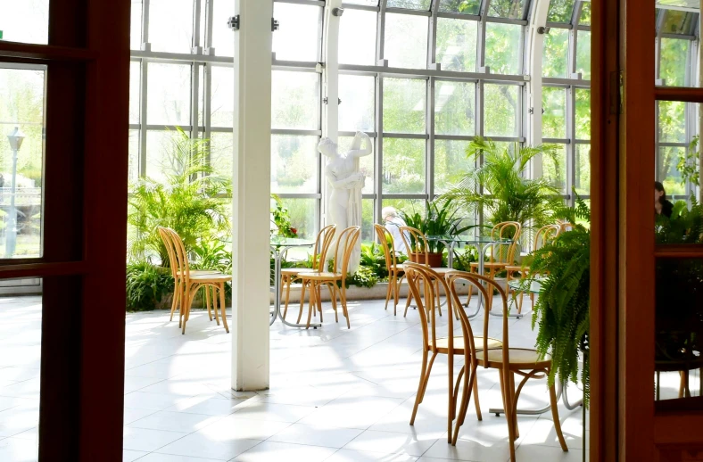 a room filled with lots of tables and chairs, inspired by Constantin Hansen, unsplash, art nouveau, in bloom greenhouse, bright white light, patio, fern