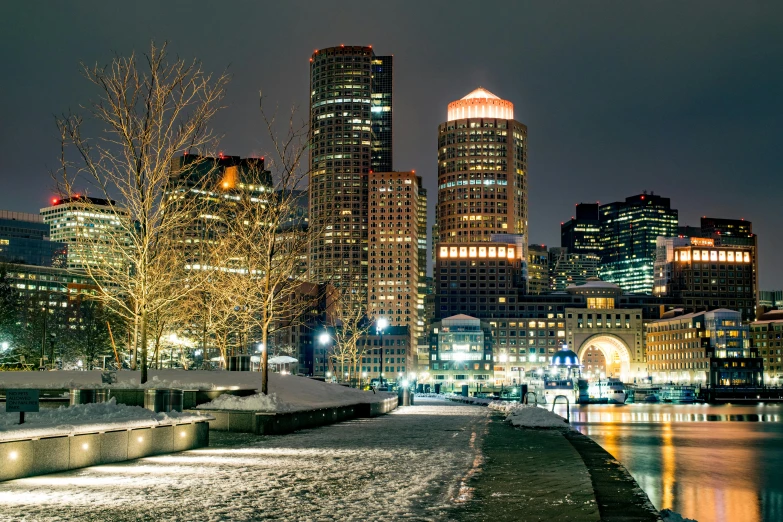 a view of a city at night with snow on the ground, boston, fan favorite, high dynamic range, photograph