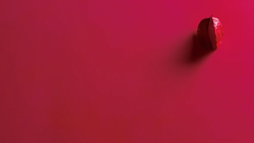 a piece of fruit sitting on top of a pink surface, inspired by Anish Kapoor, trending on unsplash, video art, dark red, animation style render, red painted metal, crawling towards the camera