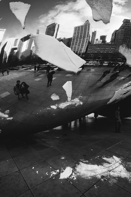 a black and white photo of a cloud sculpture, inspired by Anish Kapoor, ( ( photograph ) ), chicago, [ shards, tourist