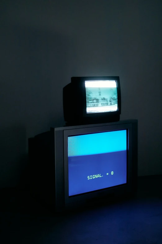 a television sitting on top of a table in a dark room, a hologram, inspired by Bruce Nauman, close up to the screen, 1997 ), mint, switch