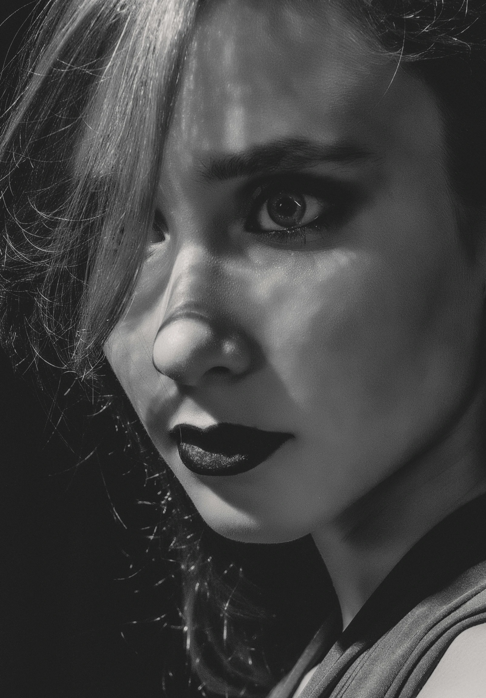 a black and white photo of a woman, pexels contest winner, realism, woman vampire, pout, high angle closeup portrait, young angry woman