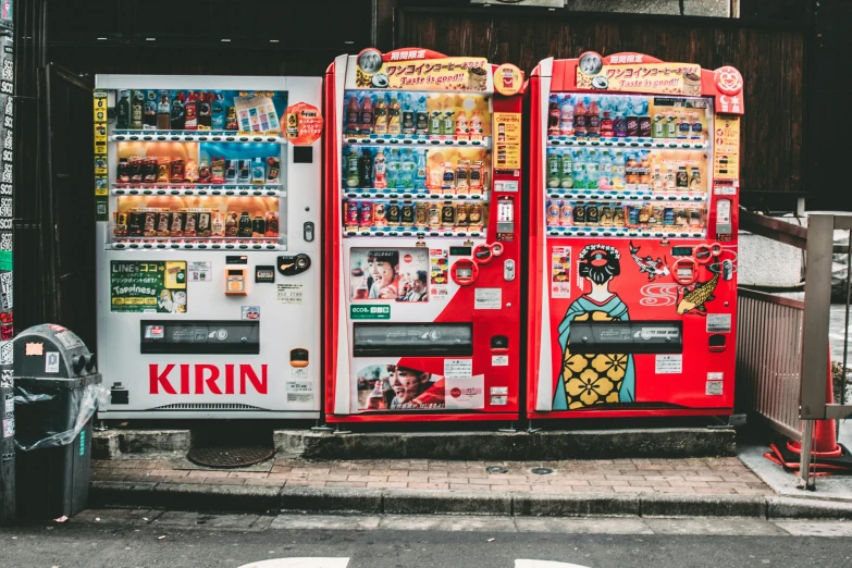 a couple of vending machines sitting on the side of a road, pexels contest winner, ukiyo-e, varying ethnicities, chinatown, kirbi fagan, 🦩🪐🐞👩🏻🦳