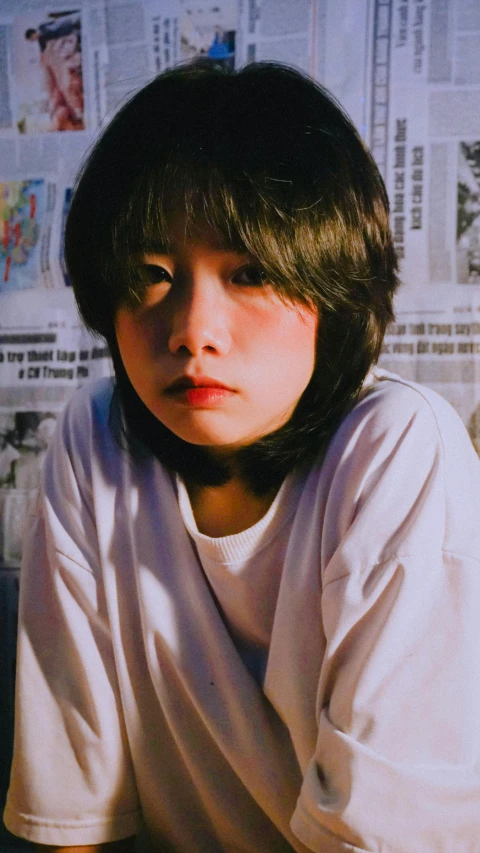 a young boy sitting on a toilet in a bathroom, an album cover, inspired by Xia Yong, unsplash, hyperrealism, girl cute-fine-face, with a bob cut, sachiko miyazaki, 90's photo