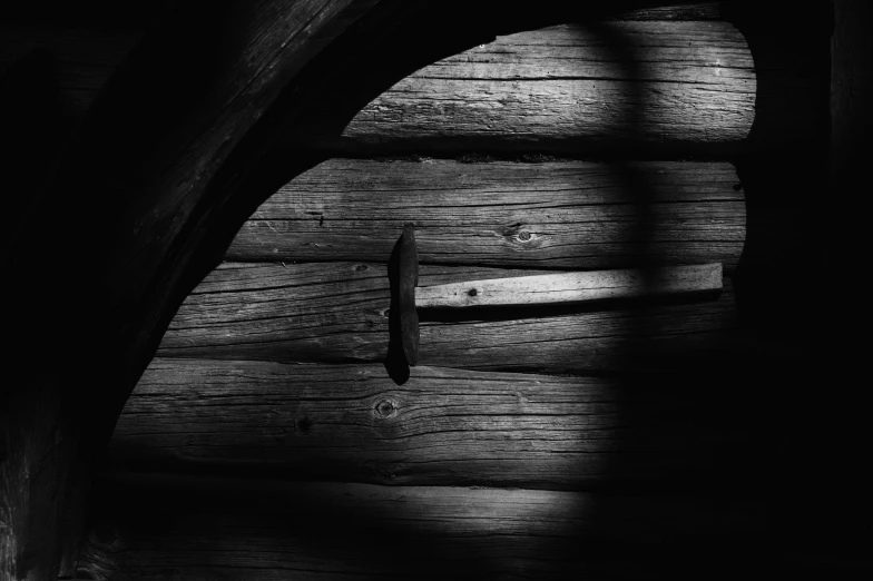 a black and white photo of a wooden door, by Kristian Zahrtmann, pexels contest winner, conceptual art, rounded roof, rim lit, wooden logs, detailed abstract