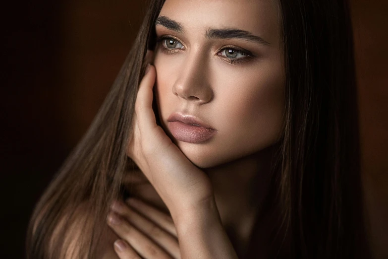 a woman with long brown hair posing for a picture, by Adam Marczyński, trending on pexels, photorealism, 8 k sensual lighting, thin lips, medium format. soft light, 5 0 0 px models