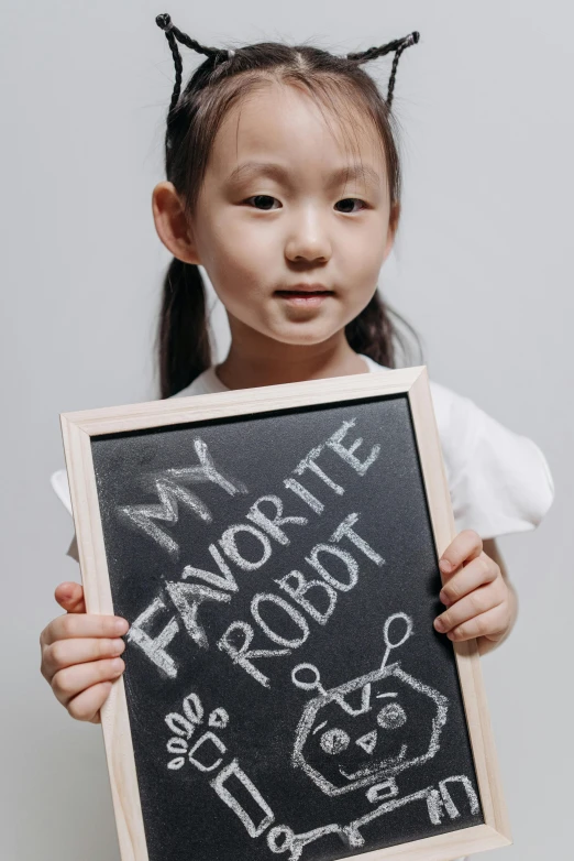 a little girl holding a sign that says favorite robot, inspired by Ai Xuan, featured on reddit, blackboard, promo image, studio portrait, black