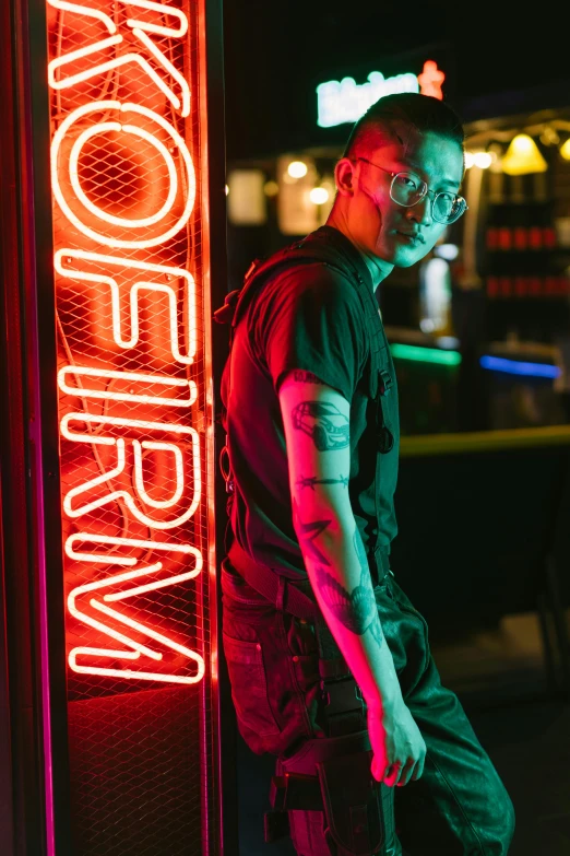 a man standing in front of a neon sign, tattooed man, qifeng lin, non binary model, (sfw) safe for work