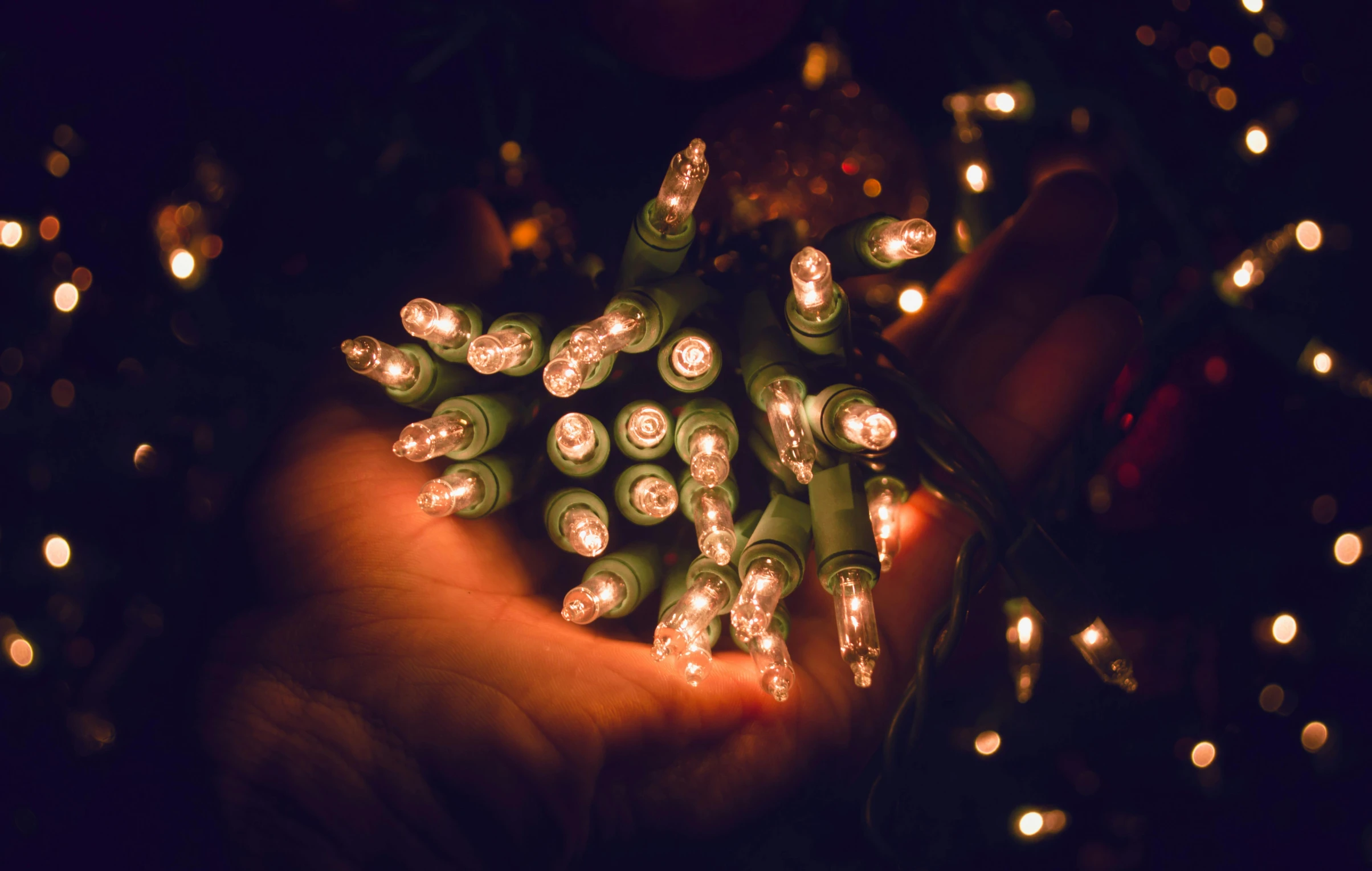 a person holding a bunch of christmas lights, inspired by Elsa Bleda, pexels, retro stylised, green sparkles, instagram post, small nixie tubes