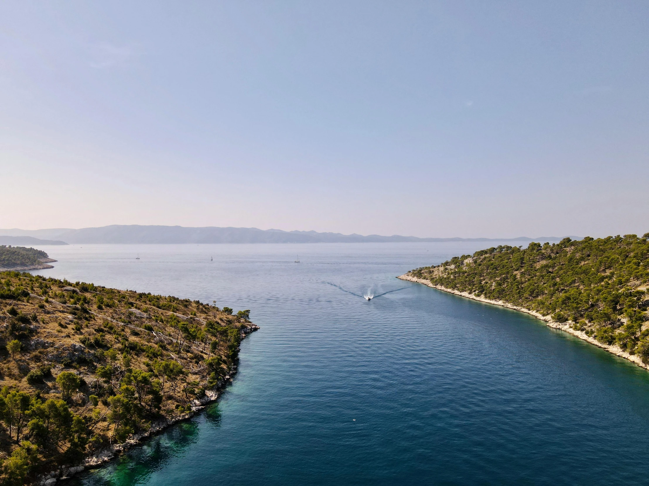 a large body of water surrounded by trees, by Julian Allen, pexels contest winner, les nabis, croatian coastline, slide show, thumbnail, conde nast traveler photo