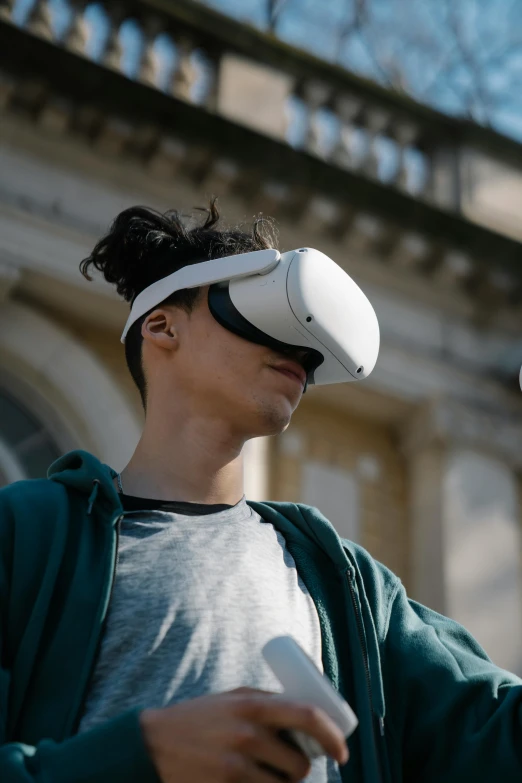 a man using a virtual reality device in front of a building, trending on pexels, renaissance, visor covering eyes, looks directly at camera, white helmet, archviz