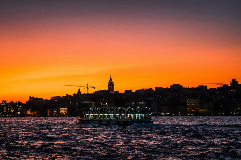 a boat on a body of water with a city in the background, by Tobias Stimmer, pexels contest winner, hurufiyya, fallout style istanbul, sunset panorama, slide show, night-time