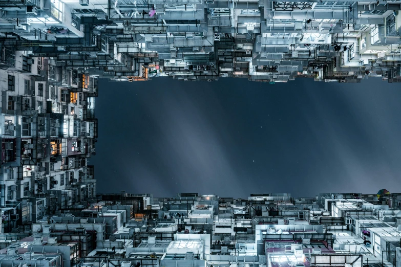 a city filled with lots of tall buildings, unsplash contest winner, digital art, kowloon walled city, portal to outer space, square, low angle photography