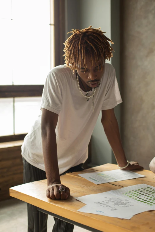 a couple of people that are sitting at a table, trending on unsplash, visual art, man standing in defensive pose, wiz khalifa, studying in a brightly lit room, loosely cropped