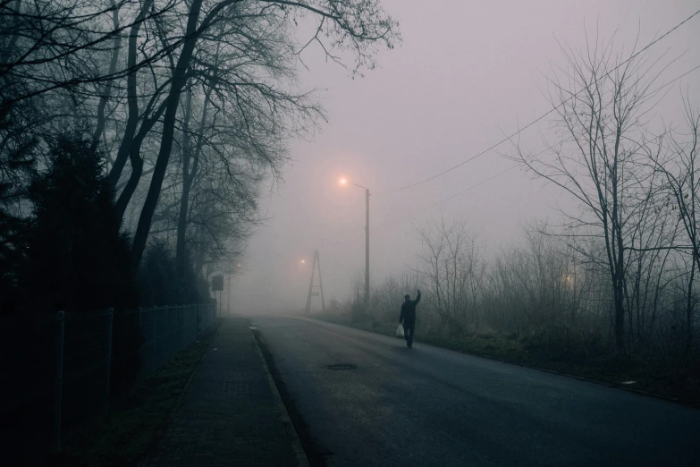 a person walking down a road on a foggy day, a picture, inspired by Elsa Bleda, pexels contest winner, romanticism, scary night, standing in a township street, unsettling found footage, terrified