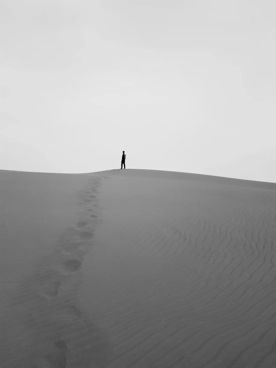 a person standing on top of a sand dune, a black and white photo, by Shen Quan, footprints, lonely vibe, ben lo, michal mraz