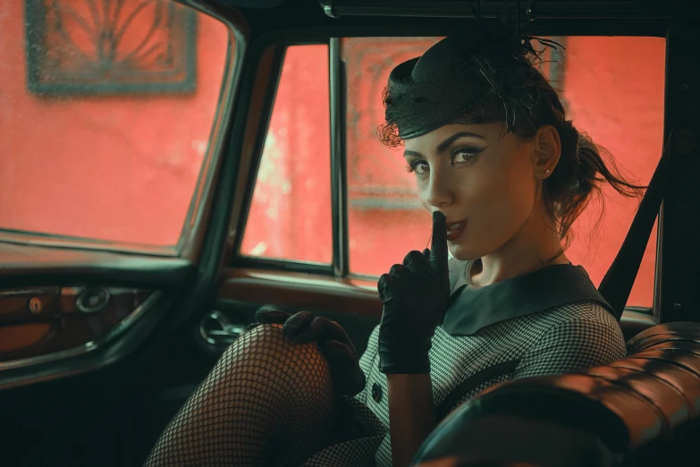 a woman sitting in the passenger seat of a car, inspired by Evaline Ness, pexels contest winner, costumes from peaky blinders, girl pinup, morena baccarin, textured