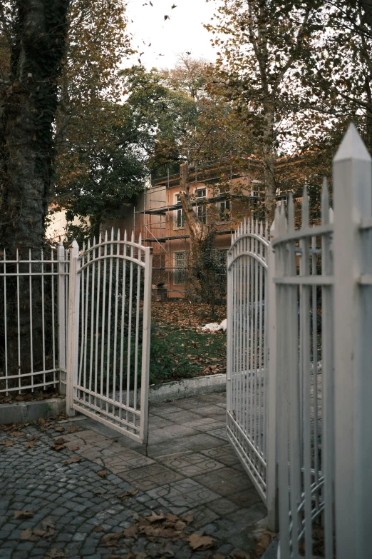 a black and white fire hydrant sitting next to a white fence, an album cover, inspired by Elsa Bleda, heidelberg school, large gate, during autumn, turkish and russian, 1990s photograph