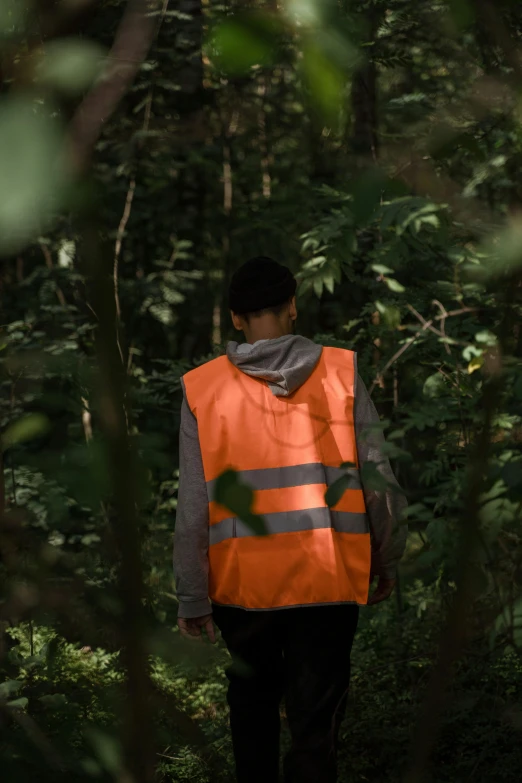 a man in an orange vest walking through the woods, by Eglon van der Neer, unsplash, visual art, wearing hi vis clothing, spying, reflective material, without text