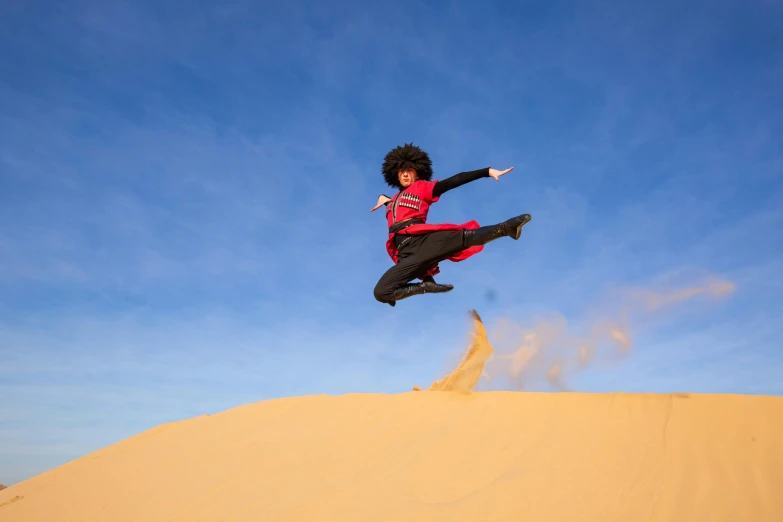 a man flying through the air while riding a snowboard, an album cover, inspired by Scarlett Hooft Graafland, pexels contest winner, arabesque, red!! sand, avatar image, kung-fu, youtube thumbnail