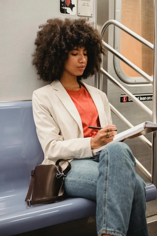 a woman sitting on a train reading a book, a portrait, by Gavin Hamilton, trending on unsplash, graffiti, wearing business casual dress, schomburg, writing on a clipboard, promotional image