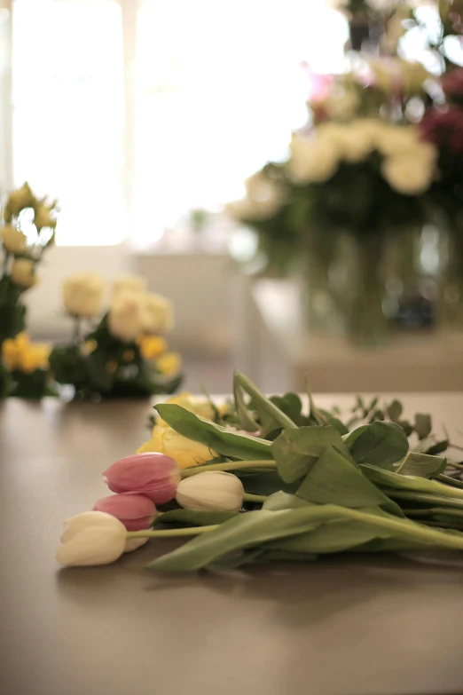 a bunch of flowers sitting on top of a counter, roses and tulips, back towards camera, on display, comforting