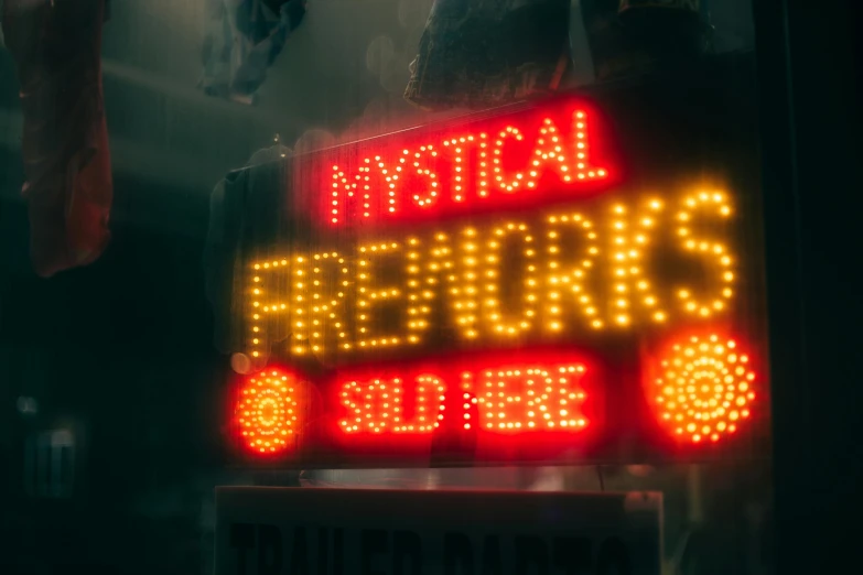 a neon sign in the window of a store, pexels, magical realism, fireworks, trailer, mythic, foggy light from fires