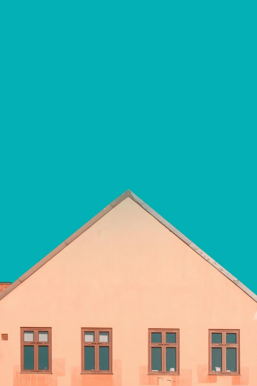 a building with a blue sky in the background, a minimalist painting, by Nathalie Rattner, unsplash, pink and teal and orange, ffffound, sharp roofs, triangle