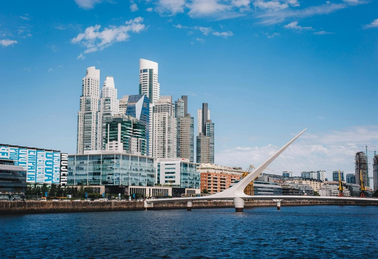 a bridge over a body of water with tall buildings in the background, pexels contest winner, modernism, santiago calatrava, buenos aires, daniel libeskind, skyline showing