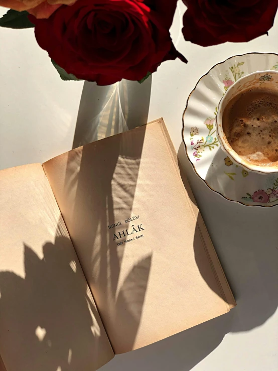 an open book sitting on top of a table next to a cup of coffee, by Lucia Peka, romanticism, instagram story, turkish and russian, sun dappled, iralki nadar