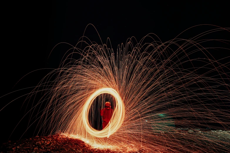 a man standing in the middle of a circle of sparks, by Sebastian Spreng, professional image, outdoor photo, spiral, professional artwork