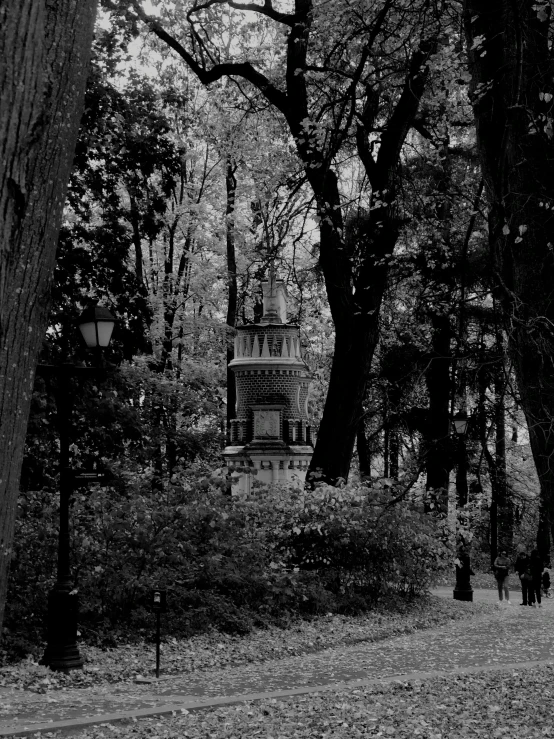 a black and white photo of people walking in a park, inspired by Ivan Shishkin, enchanted forest tower, tombs, during autumn, anna nikonova