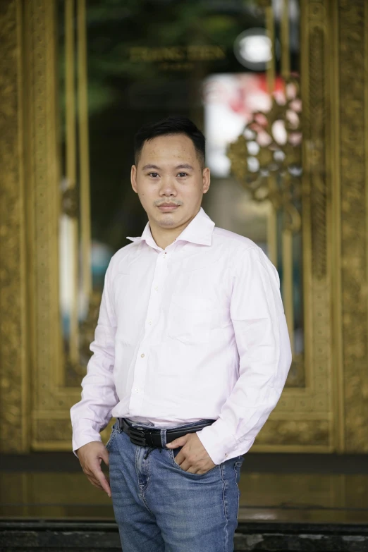 a man standing in front of a large mirror, inspired by Rudy Siswanto, realism, professional profile photo, looking serious, (38 years old), professional photo-n 3