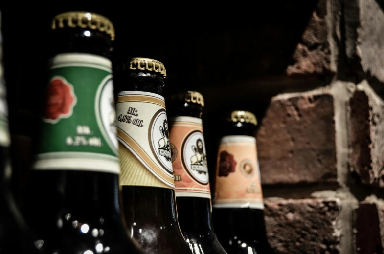 a row of beer bottles lined up against a brick wall, a picture, by Jesper Knudsen, pexels contest winner, dark brown white green colours, close up half body shot, a small, thumbnail